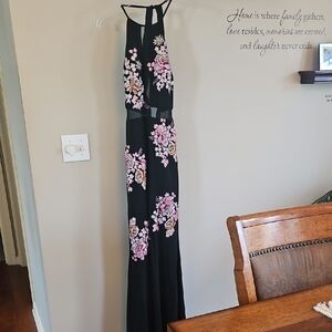XSCAPE Embroidered Floral Halter Mesh Maxi Dress - Black and Pink